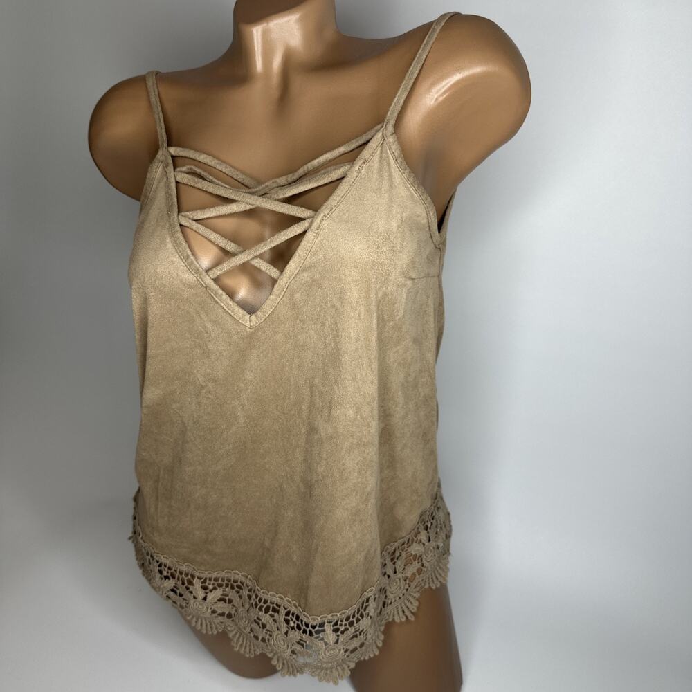 Vintage Charlotte Russe Faux Suede Cami Small Crochet Lace Y2K Whimsigoth Boho